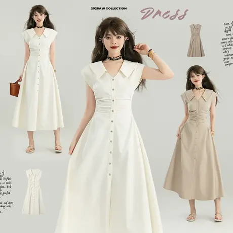 KEIKO 气质简约V领掐腰连衣裙25夏季轻熟风通勤知性显瘦无袖长裙商品大图