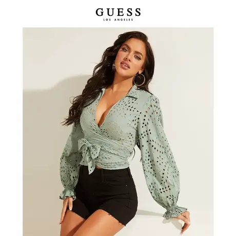 GUESS女士V领镂空性感甜辣长袖衬衫-W1GH42R1LU4图片