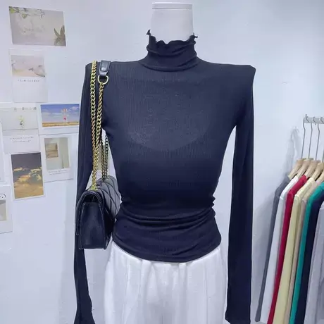简单高及感ins洋气木耳边高领长袖t恤女士紧身显胸内搭打底衫秋冬图片