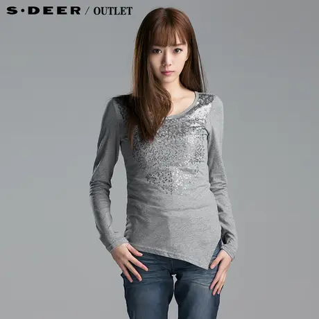 【新品】sdeer圣迪奥专柜正品女春装时尚银色亮片长袖T恤4180250图片