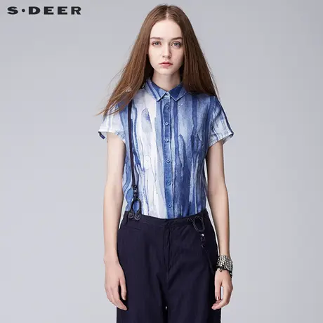 sdeer圣迪奥2019夏装蓝白渐变纹理晕染文艺短袖亚麻衬衫S17280455图片