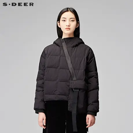 sdeer圣迪奥女2018冬装连帽飘带不规则短款保暖羽绒服女S17462426图片