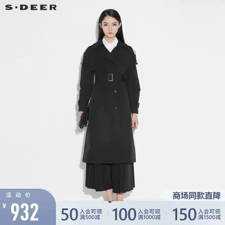 sdeer圣迪奥女装春秋装时尚翻领收腰双排扣黑色风衣女S21381813图片