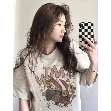 chic复古港味短袖T恤女纯棉夏装百搭宽松显瘦学生圆领体恤上衣潮图片