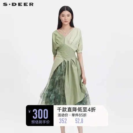 sdeer圣迪奥女装V领撞色拼接泡泡袖不规则上衣S232Z2208图片