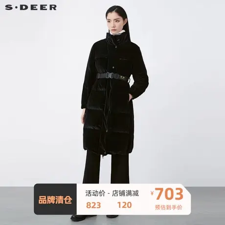 sdeer圣迪奥女装高领撞色字母收腰灯芯绒长款羽绒服S21462425图片