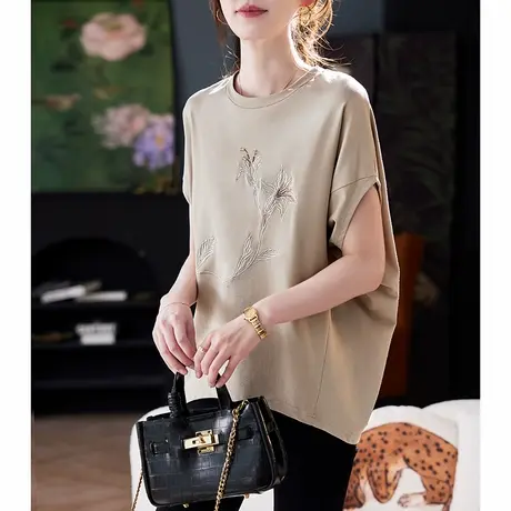 宝诗黎蝙蝠袖刺绣钉珠短袖T恤2025夏季韩版宽松慵懒百搭大码女装图片