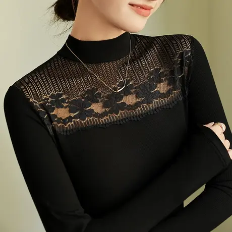 五公主蕾丝高领打底衫女新款秋冬妈妈时尚小衫洋气内搭黑色上衣薄商品大图