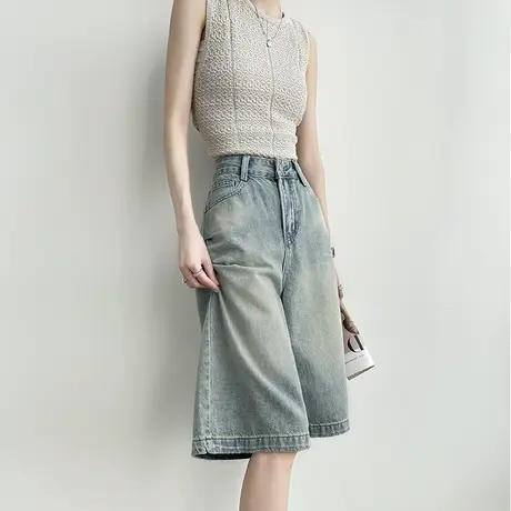 五分复古牛仔短裤女夏季薄款高腰宽松显瘦小个子港味直筒阔腿中裤商品大图