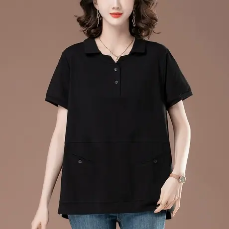 中老年妈妈纯棉短袖T恤女夏季宽松加肥加大码女装休闲翻领体恤衫商品大图