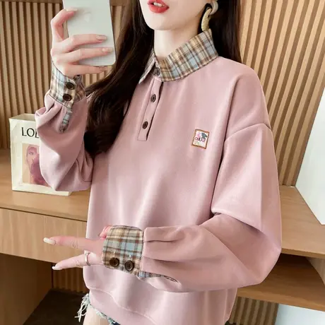 衬衫领卫衣女2025新款春秋季韩版宽松初中生polo领假两件上衣外套图片