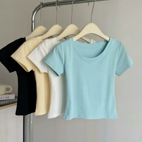 2025夏季新款U领正肩短袖T恤女韩版修身内搭可外穿打底衫短款上衣商品大图