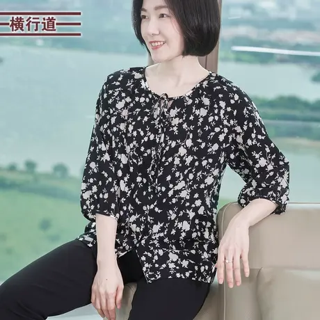 法式系带碎花中袖宽松雪纺衫大码女装宽松休闲上衣春装新款七分袖商品大图