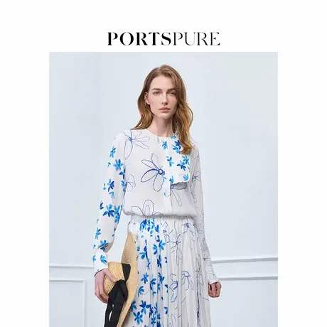 宝姿PORTSPURE女装2025夏季新品淡人穿搭不对称丝质法式印花衬衫商品大图