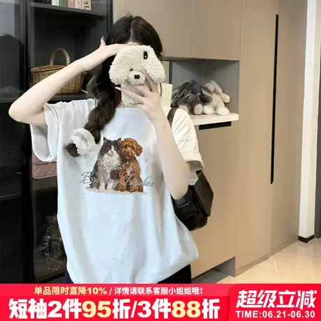 vintage复古简约风花灰色短袖t恤女夏季宽松显瘦百搭纯棉半袖上衣商品大图