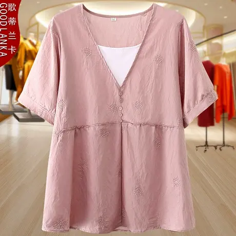 加大码中年妈妈夏季薄款上衣宽松遮肚时尚刺绣假两件提花短袖T恤商品大图