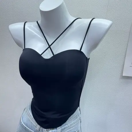 C位吸睛~自带胸垫交叉挂脖吊带小背心女外穿短款紧身内搭打底上衣商品大图