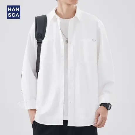 hansca日系纯色休闲衬衫男春季新款纯棉青少年复古宽松翻领衬衣男商品大图