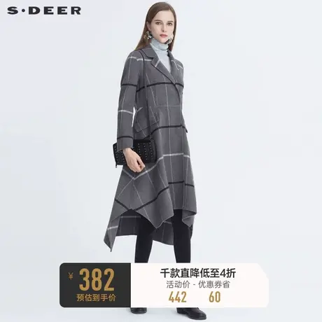 sdeer圣迪奥女装时尚翻领格纹不规则长款含羊毛毛呢大衣S20481817🥥商品大图