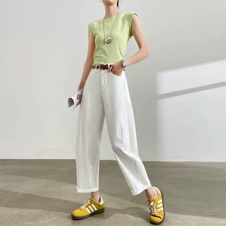 100％纯棉羊角牛仔裤女夏季薄款小个子九分弯刀哈伦白色老爹裤子商品大图