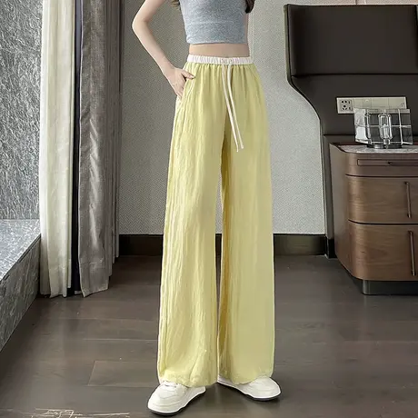时尚气质休闲裤2025年夏季新款女简约拼色宽松薄款直筒阔腿长裤商品大图
