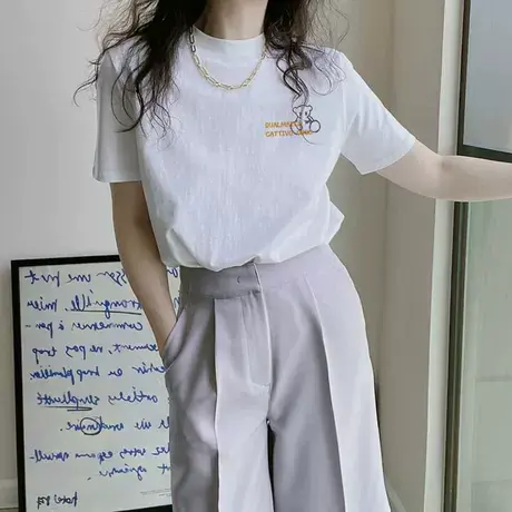 短袖T恤女白色宽松2025年半高领正肩遮肚子半袖上衣设计感小众衫商品大图