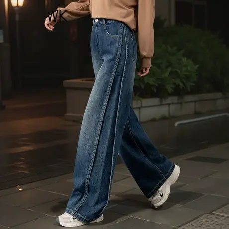 复古蓝弯刀牛仔裤女2025新款春秋高腰镰刀裤宽松慵懒风休闲直筒裤商品大图