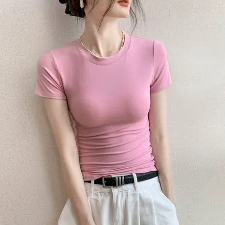 歌倍尚粉色短袖t恤女2025夏新款修身圆领百搭打底衫正肩内搭上衣商品大图