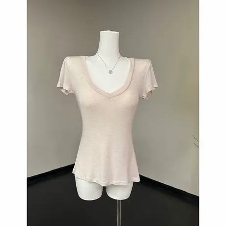 纯欲气质垂感微透V领正肩短袖T恤性感慵懒辣妹收腰显瘦纸片人上衣商品大图