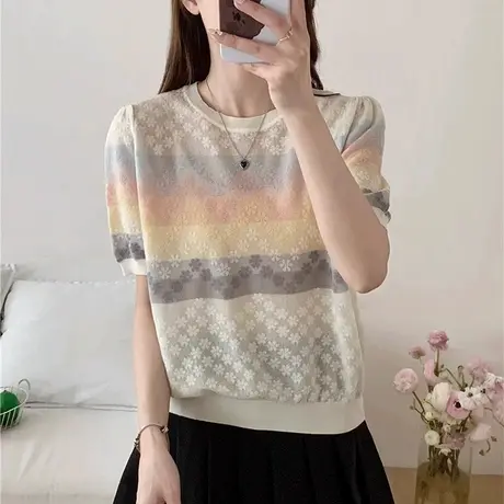 设计感小众针织短袖t恤女2025新款夏季薄款宽松显瘦打底上衣小衫图片