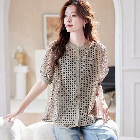 宝诗黎圆领宽松镂空短袖衬衫女2025夏季韩版洋气休闲百搭棉质衬衣商品大图
