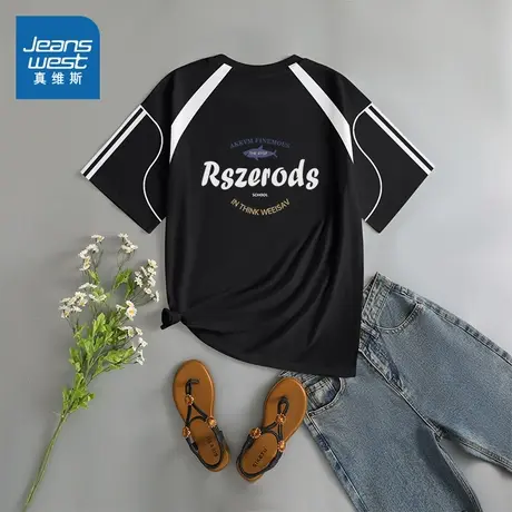 G2真维斯女装2025夏季新款女款字母印花圆领插肩撞色拼接短袖T恤商品大图