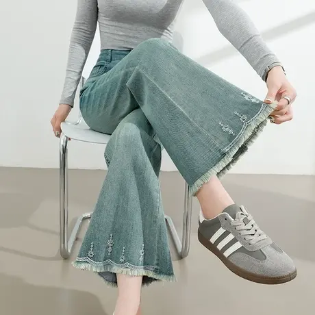 蓝色毛边微喇牛仔裤女夏季薄款高腰显瘦垂感刺绣九分小个子喇叭裤商品大图