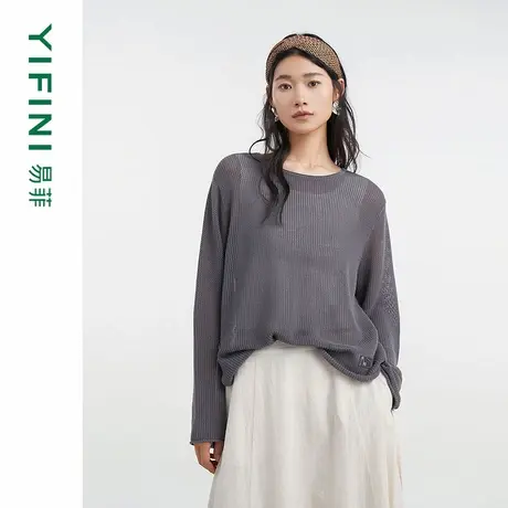 [专柜同款]Yifini/易菲三醋酸棉慵懒宽松长袖镂空针织衫D04M1017商品大图