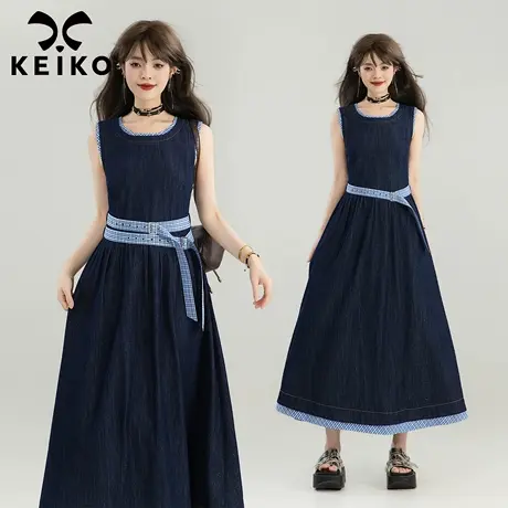 KEIKO 轻松假日感格纹撞色无袖牛仔裙2025早秋气质系带背心连衣裙商品大图