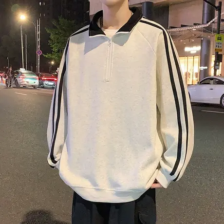 潮牌立领半拉链卫衣男春秋季2025新款条纹打底衫青少年美式外套男商品大图