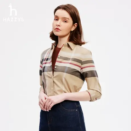Hazzys哈吉斯经典衬衫女士秋冬季保暖磨毛格子时尚长袖衬衣上衣潮商品大图