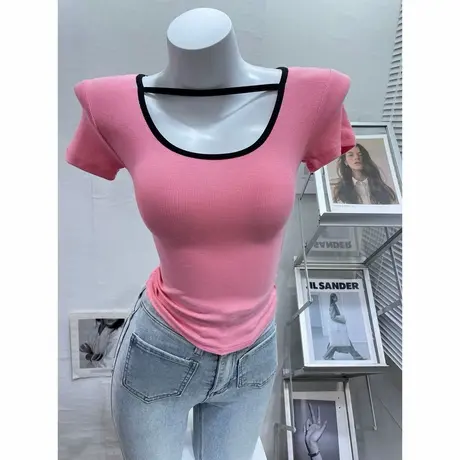 韩国CHIC风拼色圆领短袖T恤女修身显瘦螺纹棉弹力体恤打底上衣夏图片