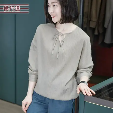 2025春季新款简约纯色V领系带蝙蝠袖宽松长袖上衣女大码外穿休闲商品大图