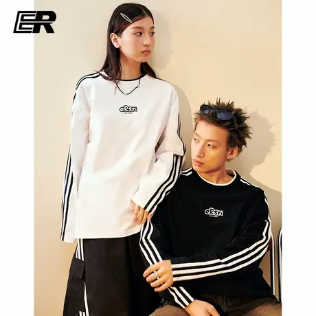 ER小领口条纹t恤长袖情侣秋季外穿百搭潮流oversize户外休闲上衣图片