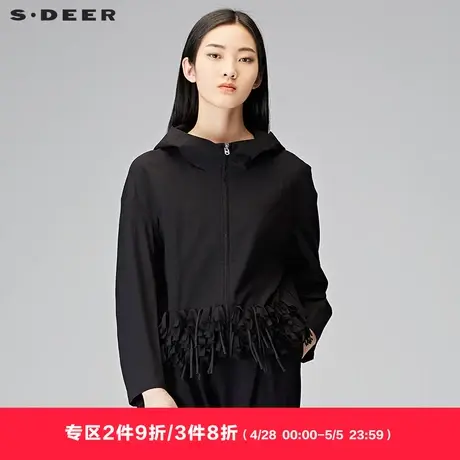 sdeer圣迪奥秋装潮酷黑连帽流苏短款长袖卫衣外套女S18182206图片
