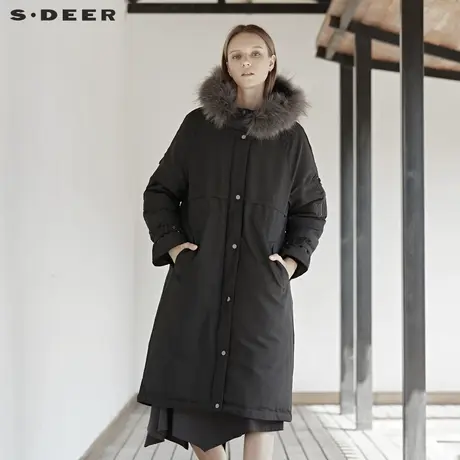 sdeer圣迪奥冬连帽插袋毛领黑色中长款羽绒服S19462413图片