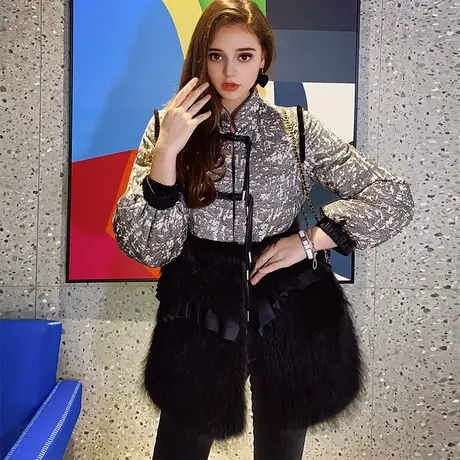 粉红大布娃娃羽绒服外套女中长款棉麻提花貉子毛皮草大衣2021冬季商品大图