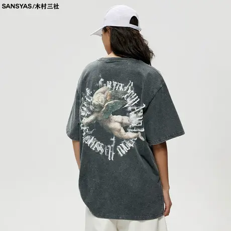 木村三社SANSYAS 天使灰色水洗宽松短袖男纯棉潮牌夏季t恤上衣商品大图