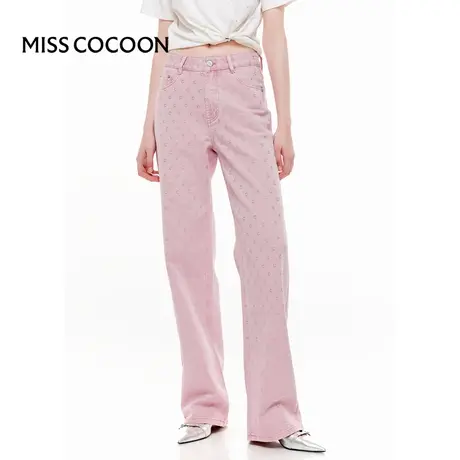 可可尼COCOON2025新款100%纯棉高级烫钻粉色宽松高腰牛仔阔腿裤女商品大图