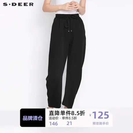 sdeer圣迪奥女装松紧垂坠感慵懒风直筒休闲宽松黑色长裤S21360805图片