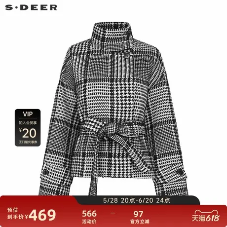 sdeer圣迪奥女装复古立领格纹收腰毛呢短款外套S24182202图片