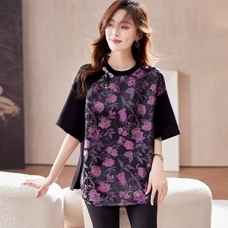 宝诗黎新中式提花拼接中袖T恤2025夏季洋气国风百搭休闲宽松女装图片