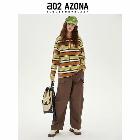 a02秋季新款复古风条纹上衣polo领字母绣花通勤宽松纯棉女长袖T恤图片