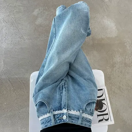 蕾丝花边七分复古牛仔短裤女夏季薄款高腰宽松直筒阔腿小个子中裤商品大图